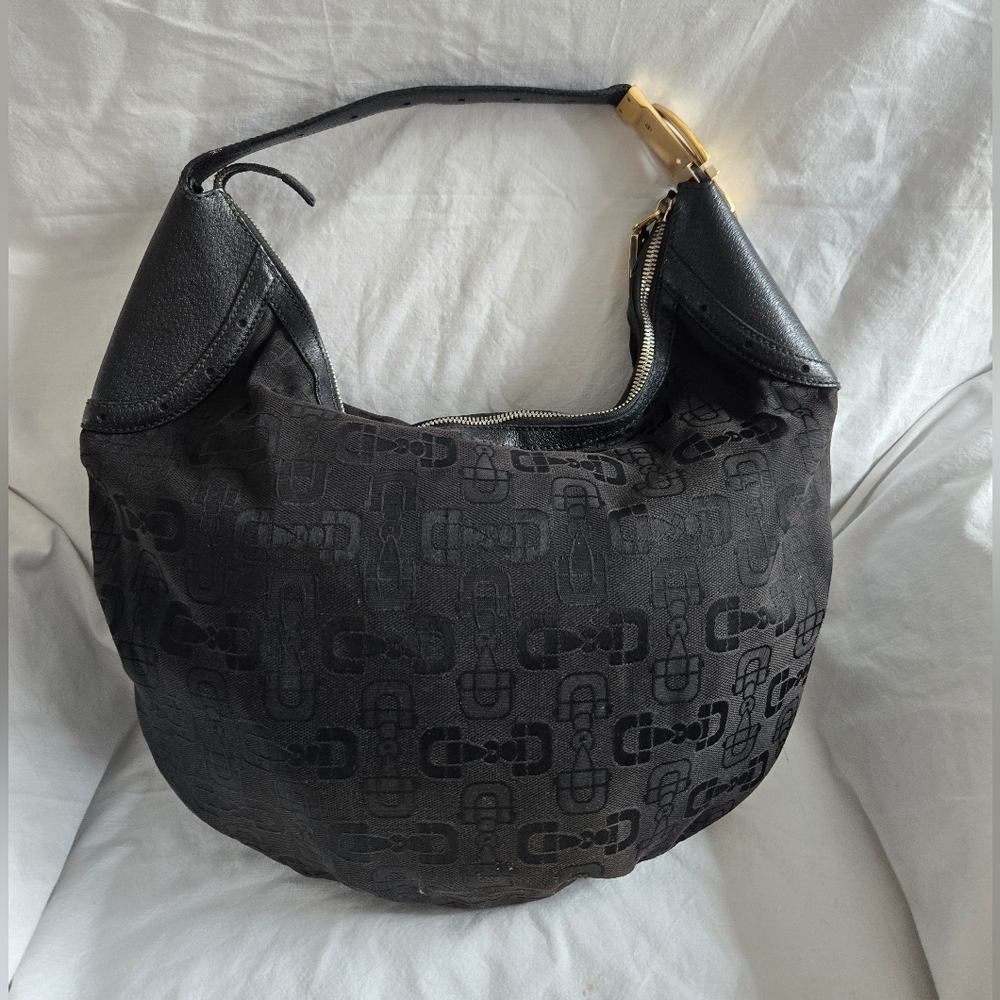 Auth Vintage Gucci Handbag Shoulder Bag Black Canvas Leather  Horsebit